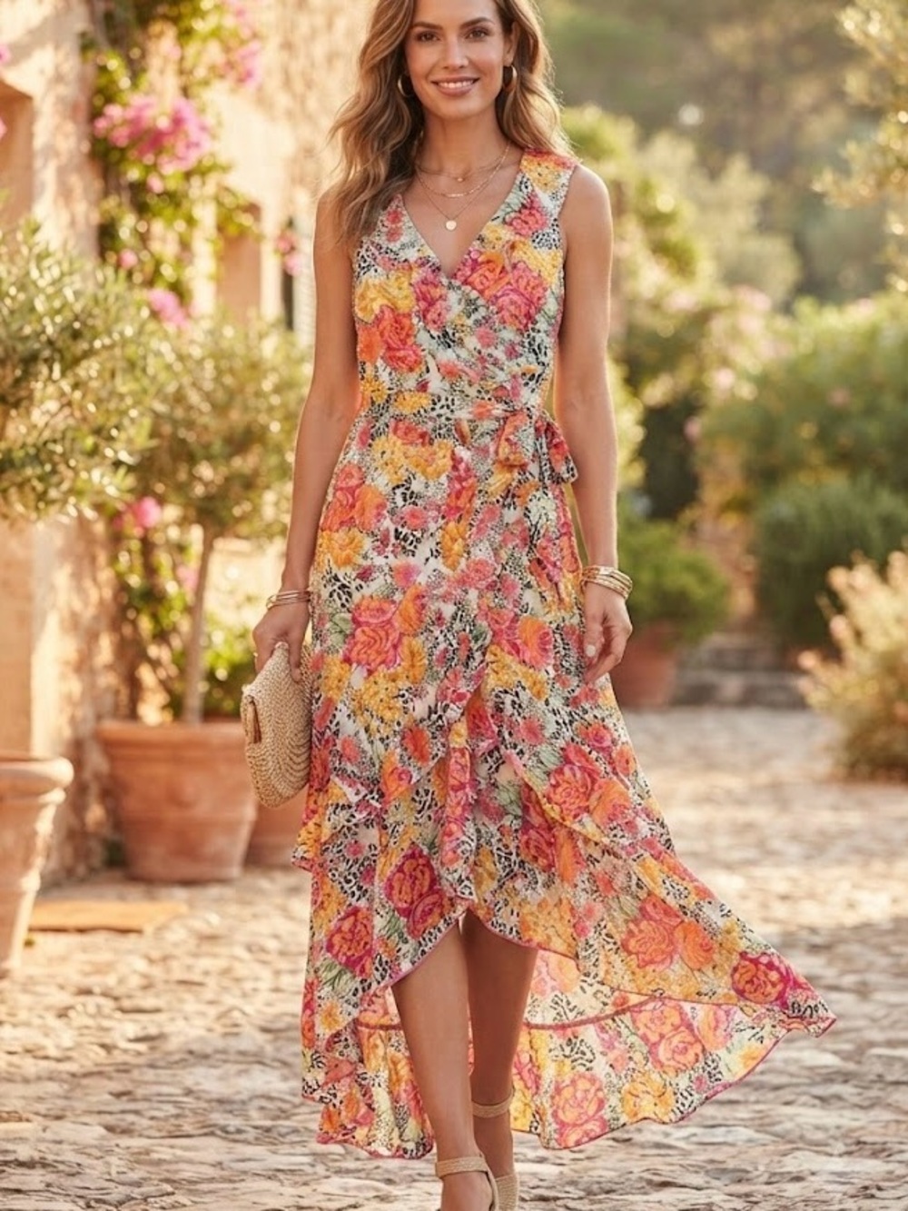 NWT Guess Los Angeles Bright Coral Multi Baja Floral Wrap Leopard Maxi Dress M